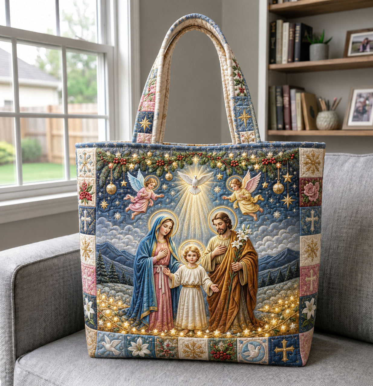 Nativity Scene Angels Dove Quilted Tote
