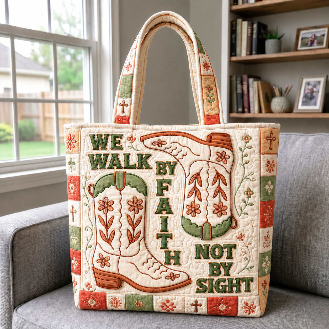 Walk By Faith Western Boots Quilted Tote