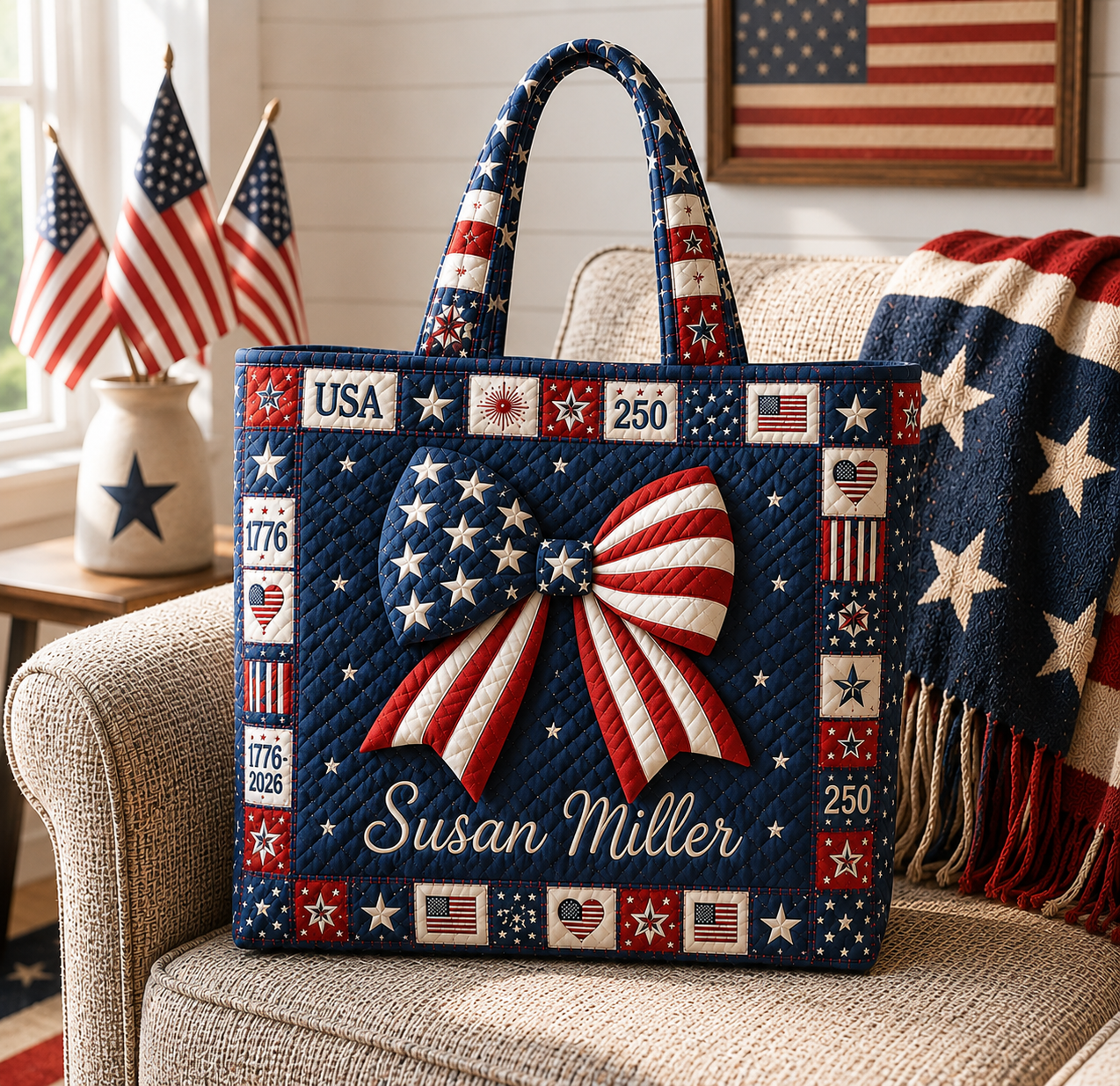 American Flag Bow Quilted Tote