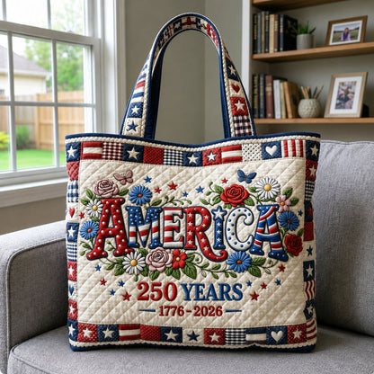 Patriotic Floral America Quilted Tote
