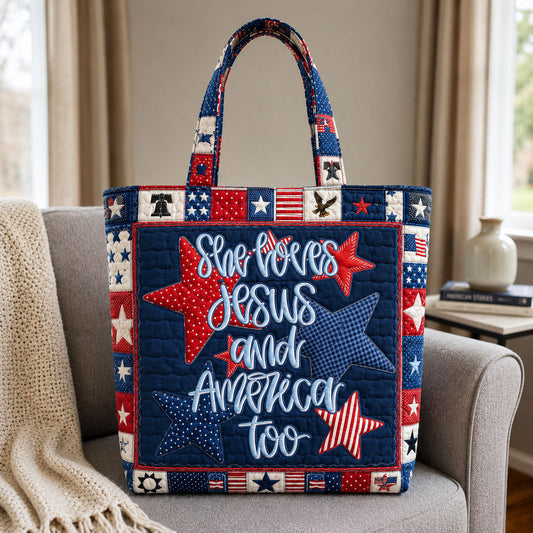 Patriotic Stars Script Quilted Tote