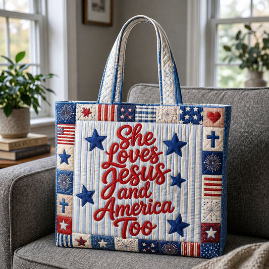 She Loves Jesus And America Quilted Tote