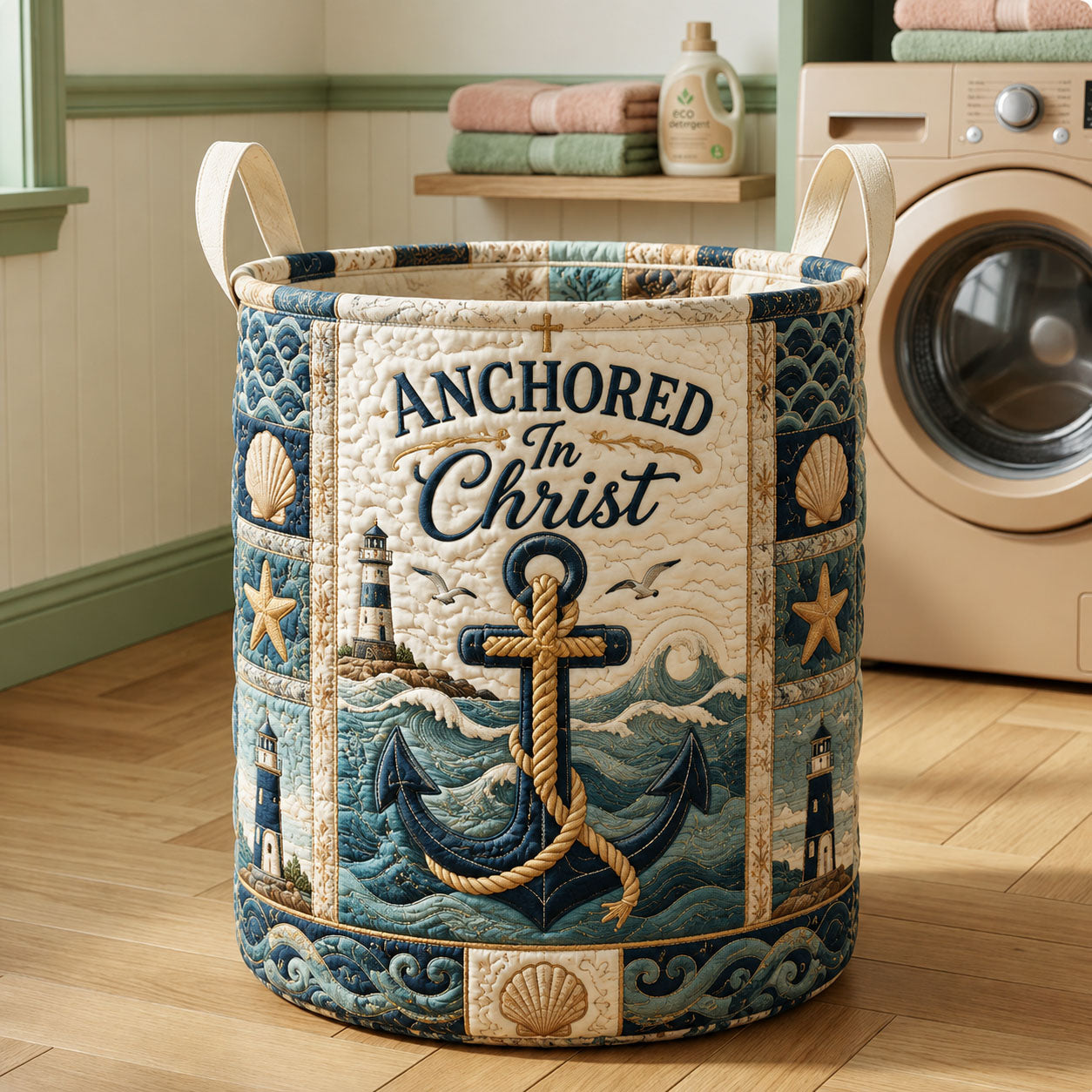 The Anchored In Christ Nautical Faith Quilted Tote