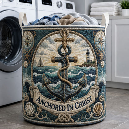 The Anchored In Christ Nautical Quilted Laundry Tote