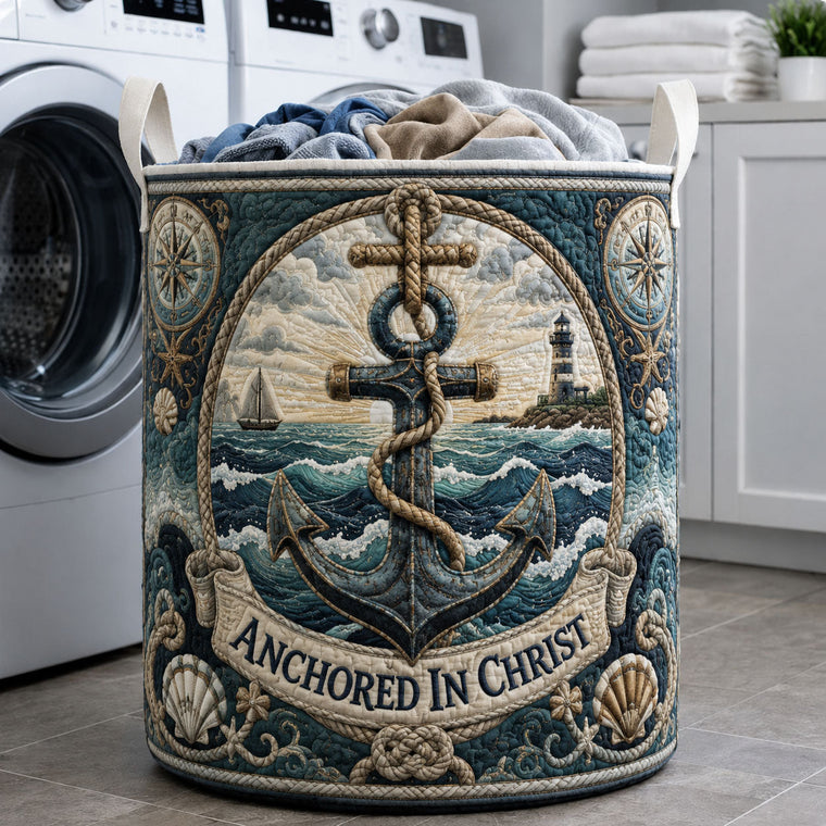 The Anchored In Christ Nautical Quilted Laundry Tote