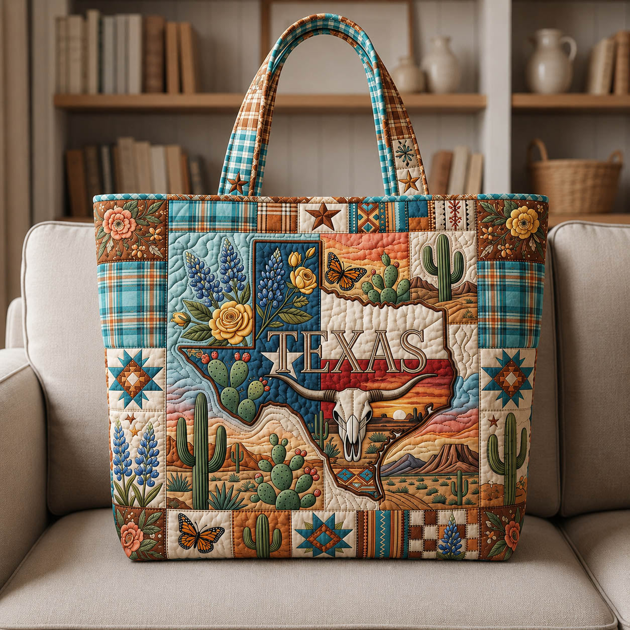 Texas Map Cactus Quilted Tote