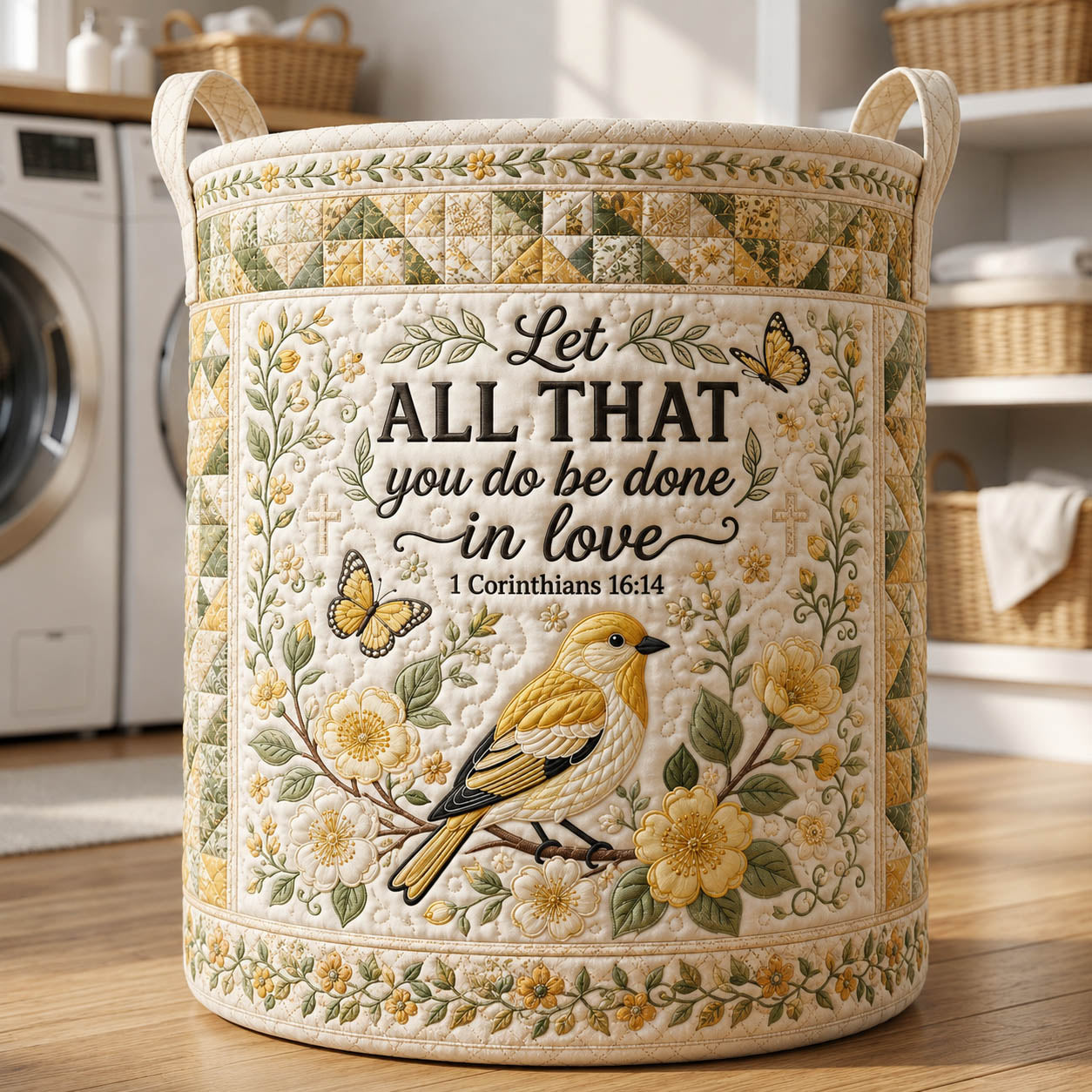 The Faith Yellow Songbird Quilted Laundry Basket Tote