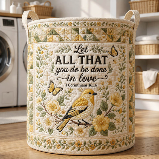 The Faith Yellow Songbird Quilted Laundry Basket Tote