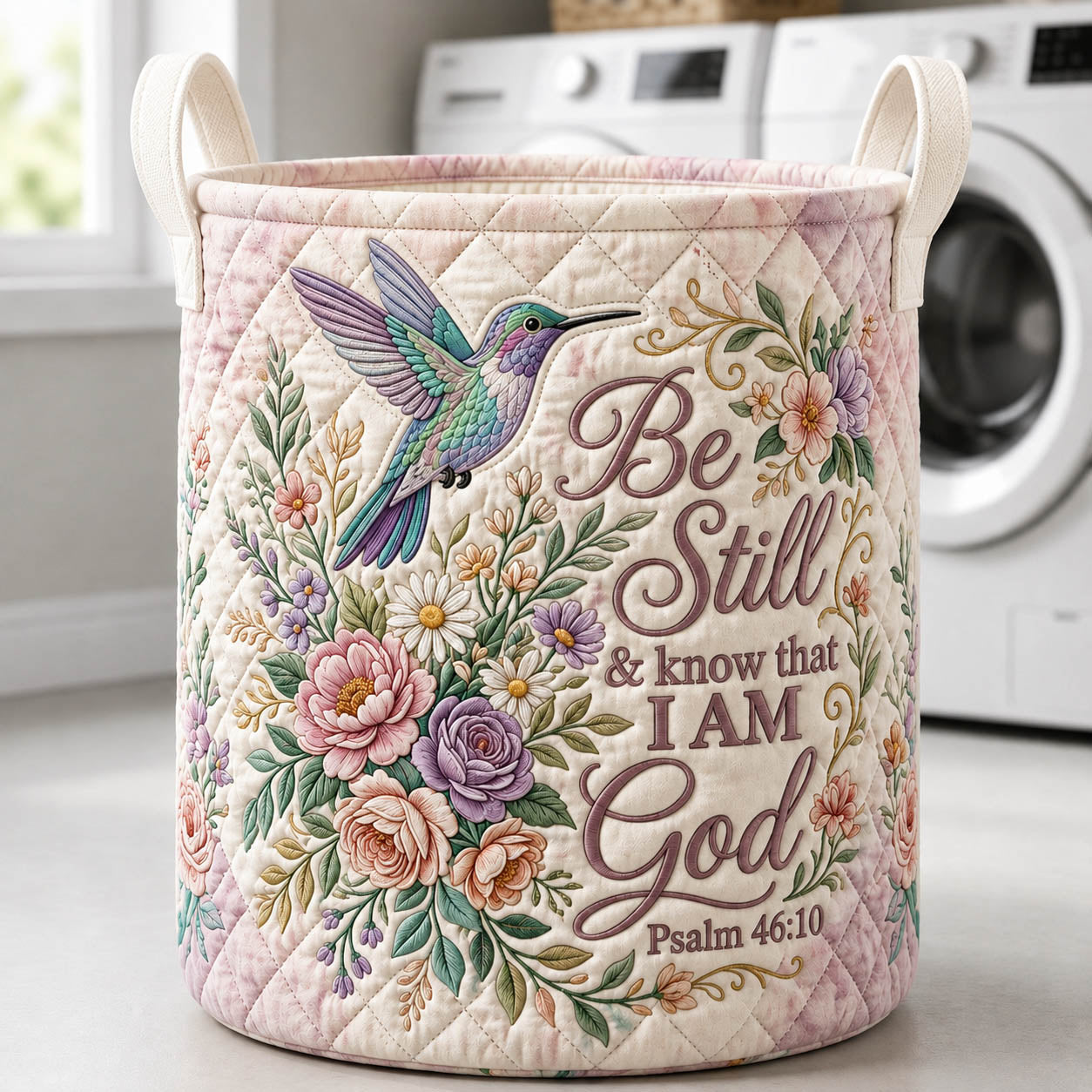 The Be Still Hummingbird Quilted Laundry Basket Tote