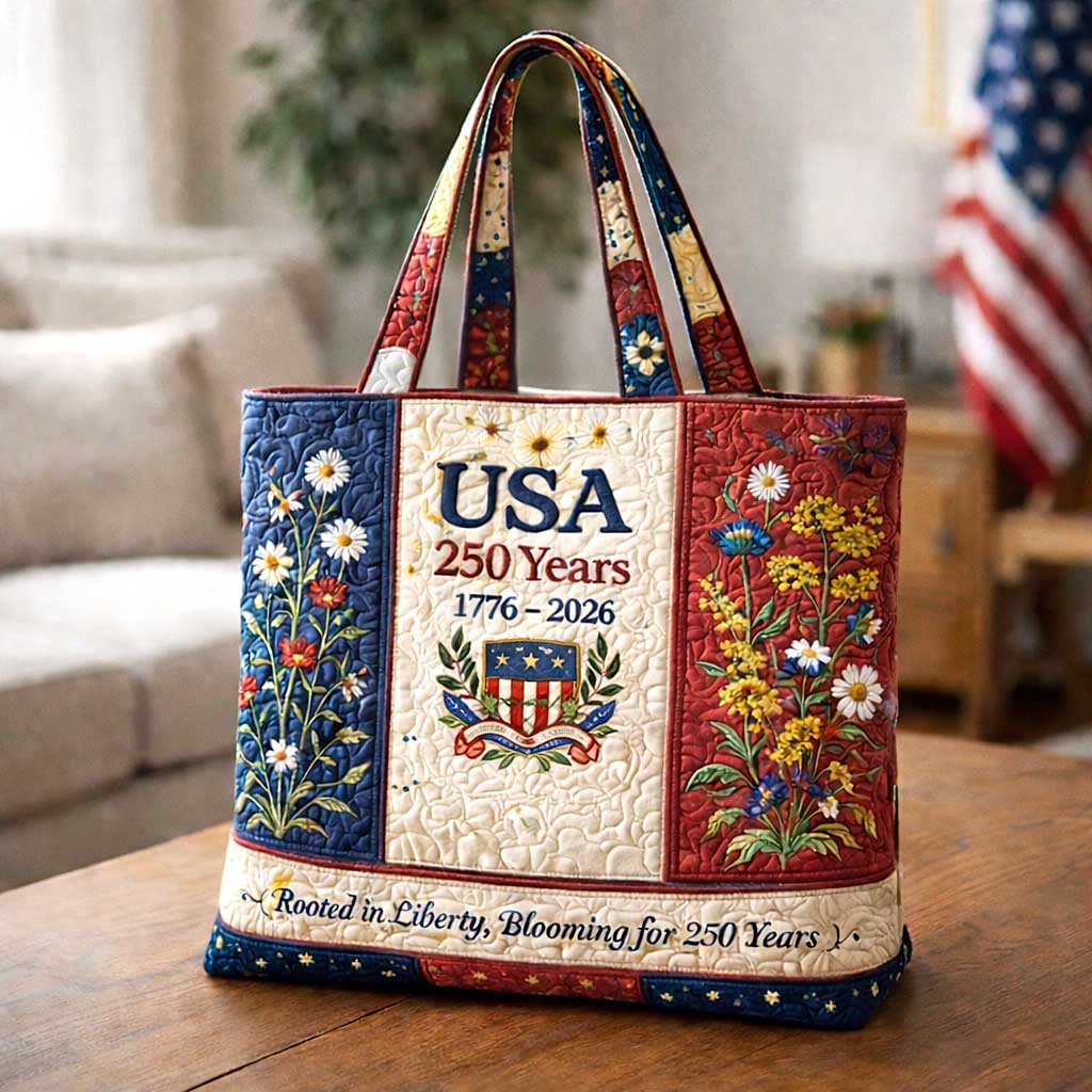 American Flag Flowers Quilted Tote
