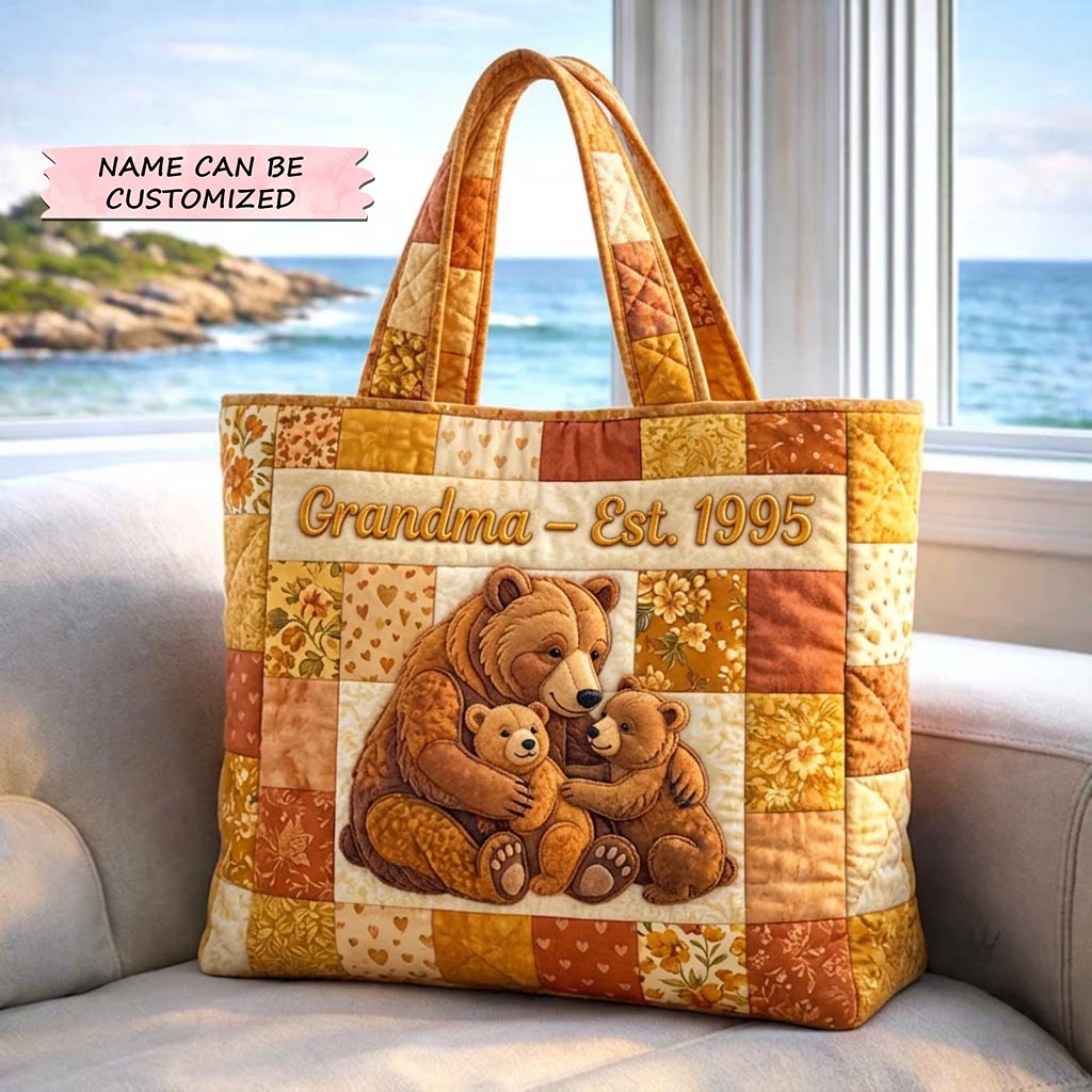 Bear Family Embroidery Quilted Tote