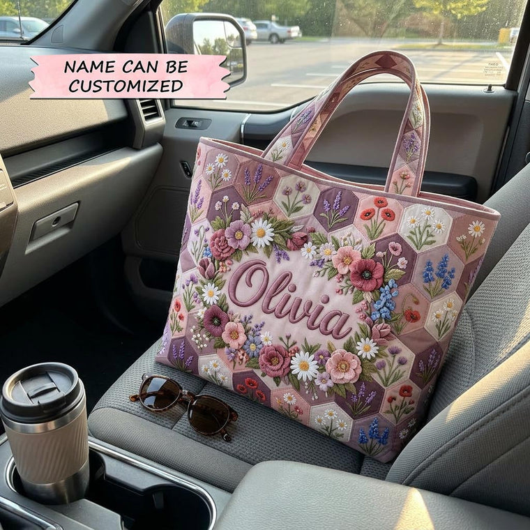 Floral Wreath Hexagons Quilted Tote