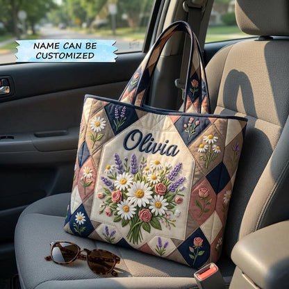 Embroidered Floral Bouquet Quilted Tote