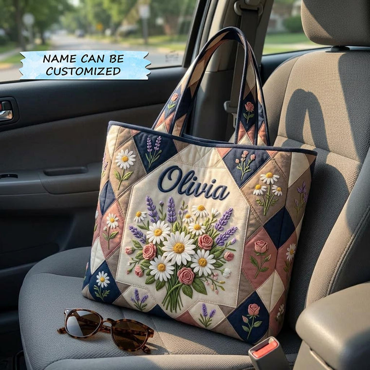 Embroidered Floral Bouquet Quilted Tote
