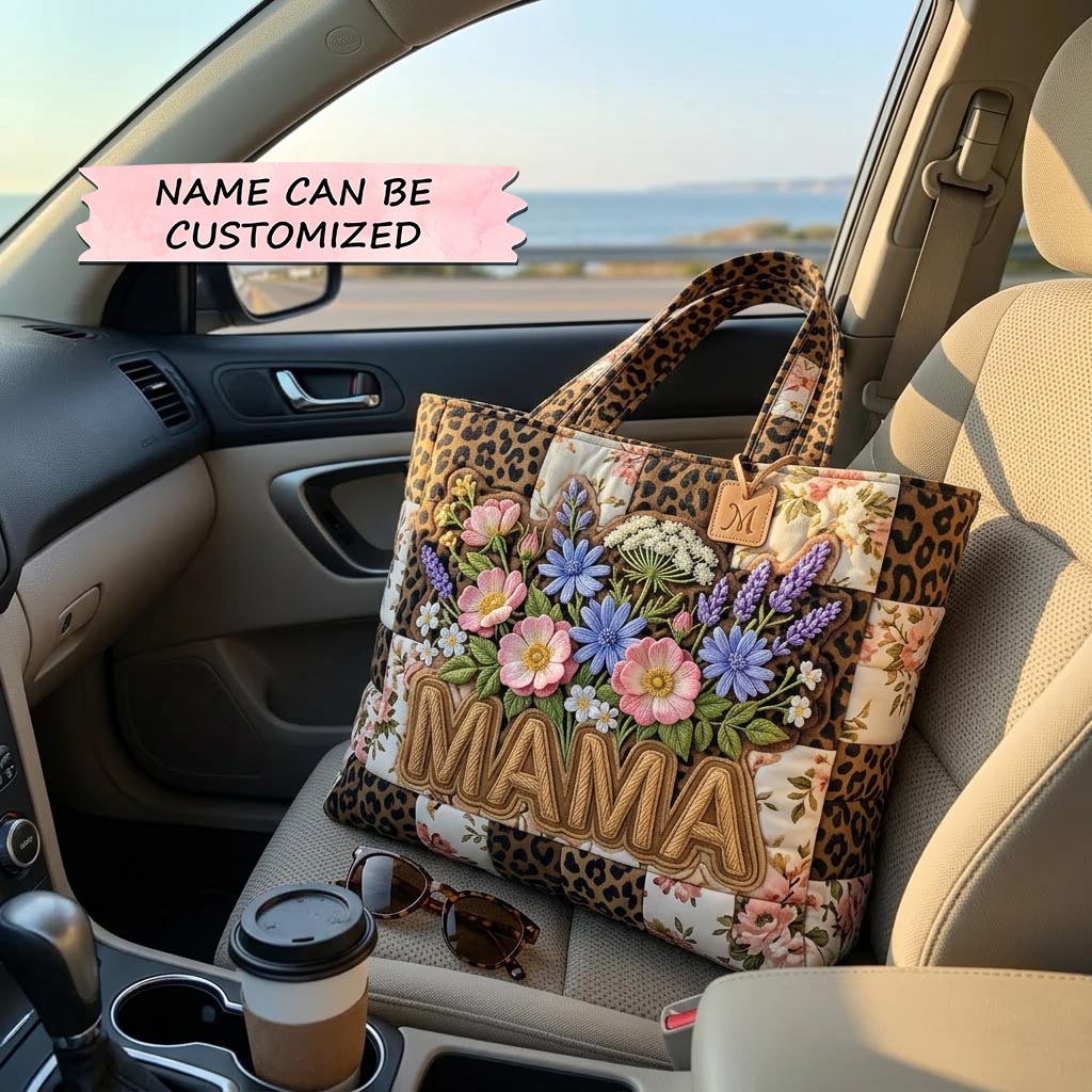 Mama Floral Embroidery Quilted Tote