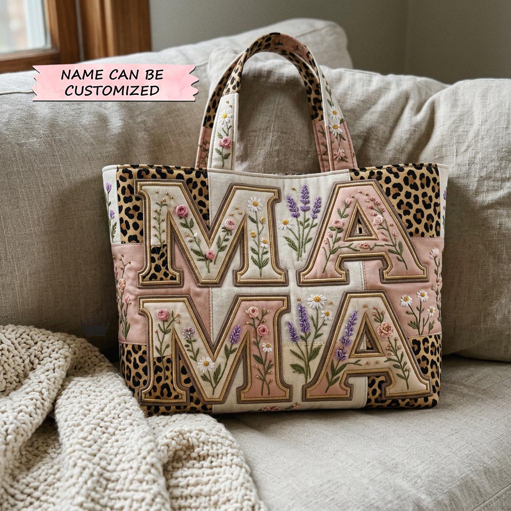 Floral Embroidered Letters Quilted Tote