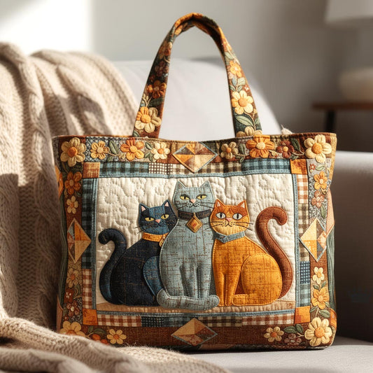 Three Cats Illustration Quilted Tote