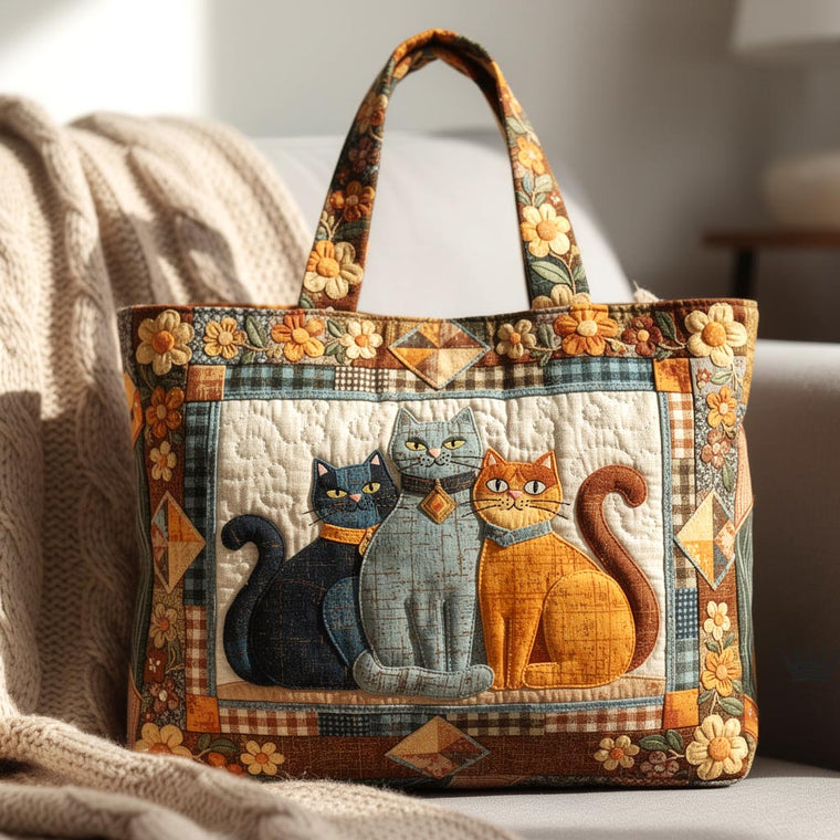 Three Cats Illustration Quilted Tote