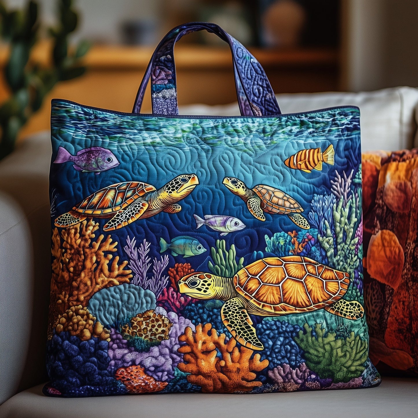 Sea Turtles Coral Reef Quilted Tote