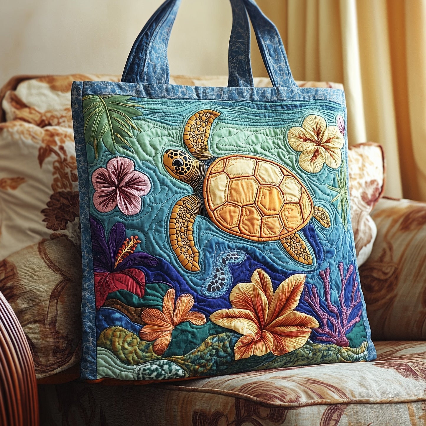 Sea Turtle Tropical Flowers Quilted Tote