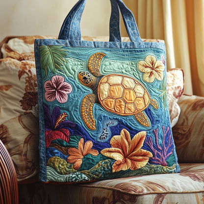 Sea Turtle Tropical Flowers Quilted Tote