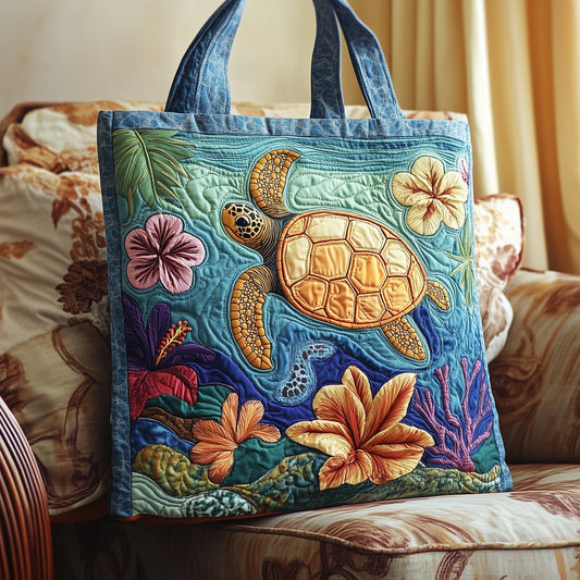 Sea Turtle Tropical Flowers Quilted Tote