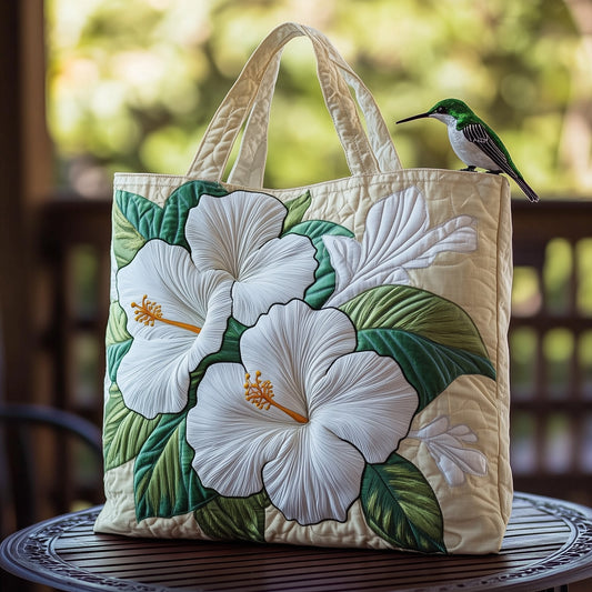 White Hibiscus Flowers Quilted Tote