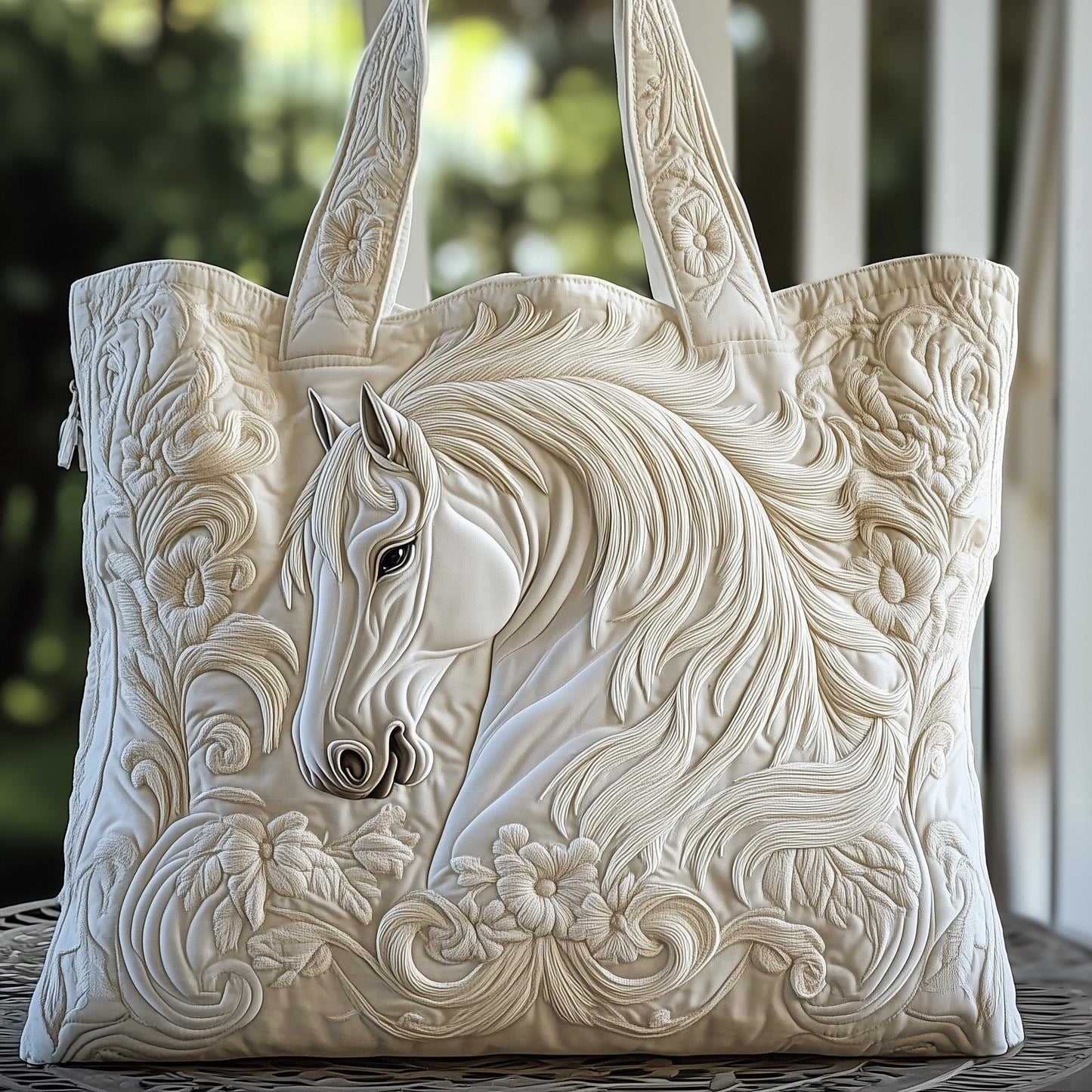 White Horse Embroidery Tote Bag