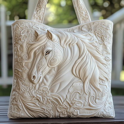 White Horse Embroidery Quilted Tote
