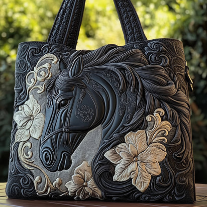 Black Horse Floral Quilted Tote