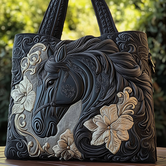 Black Horse Floral Quilted Tote
