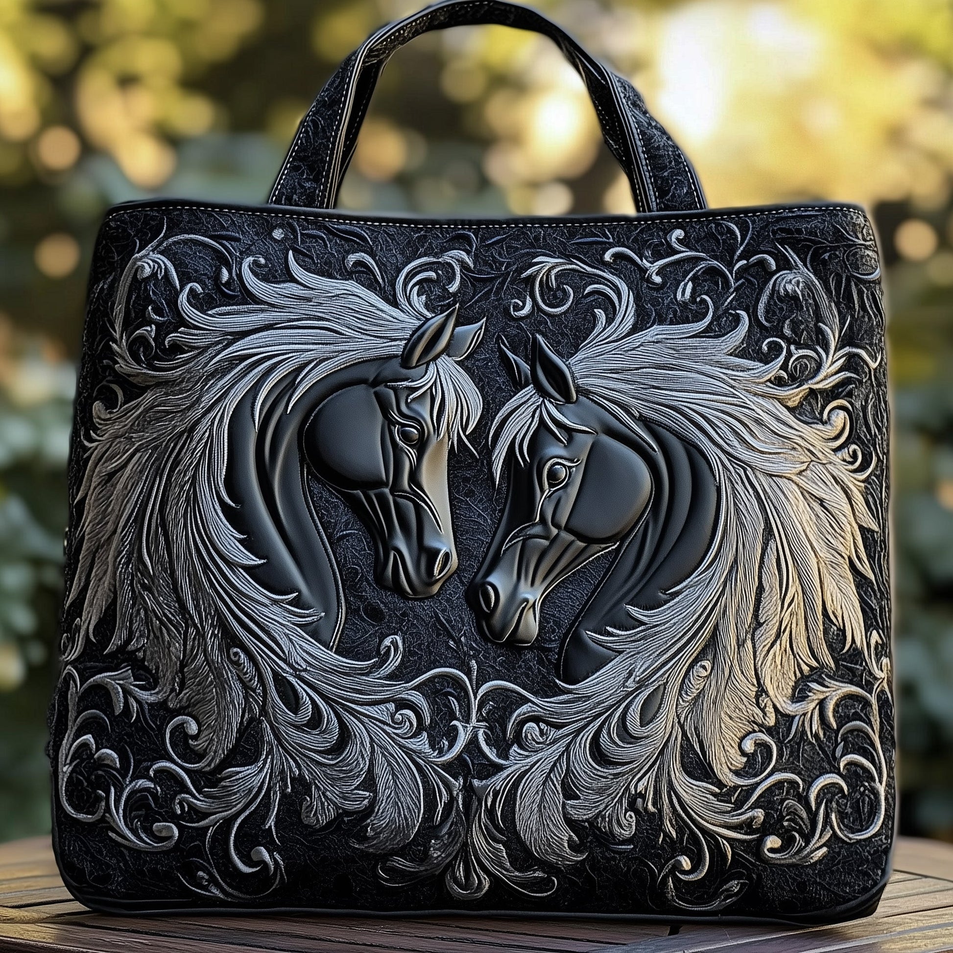 Everyday Black Horses Quilted Tote