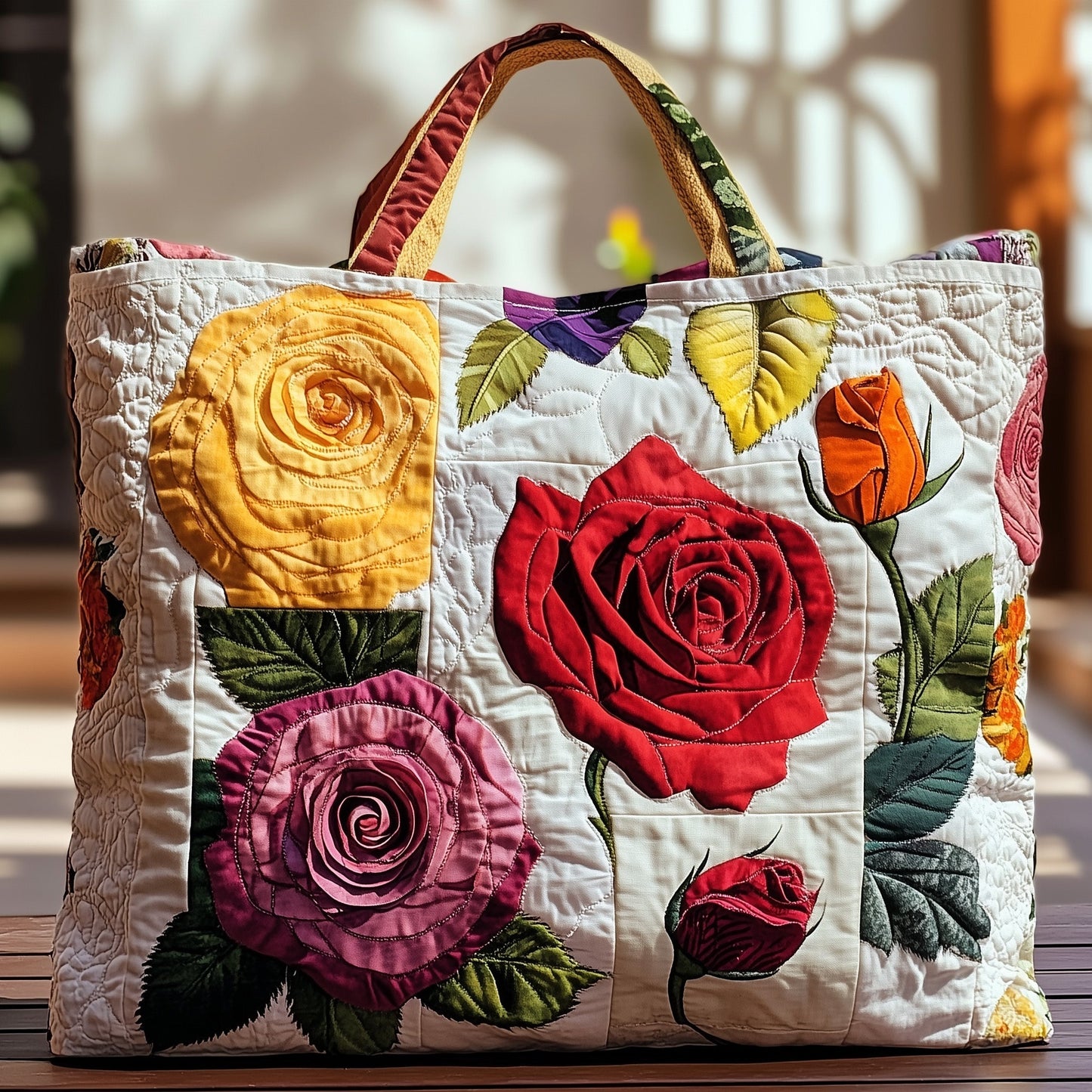 Colorful Rose Flowers Quilted Tote