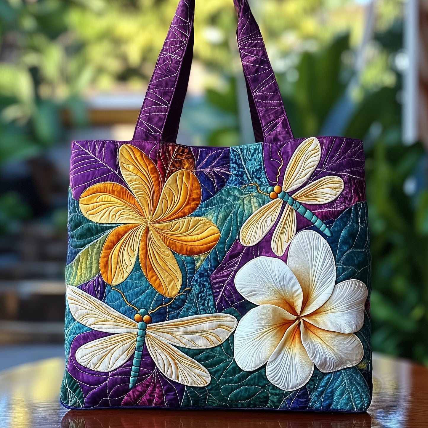 Dragonfly Plumeria Flowers Quilted Tote