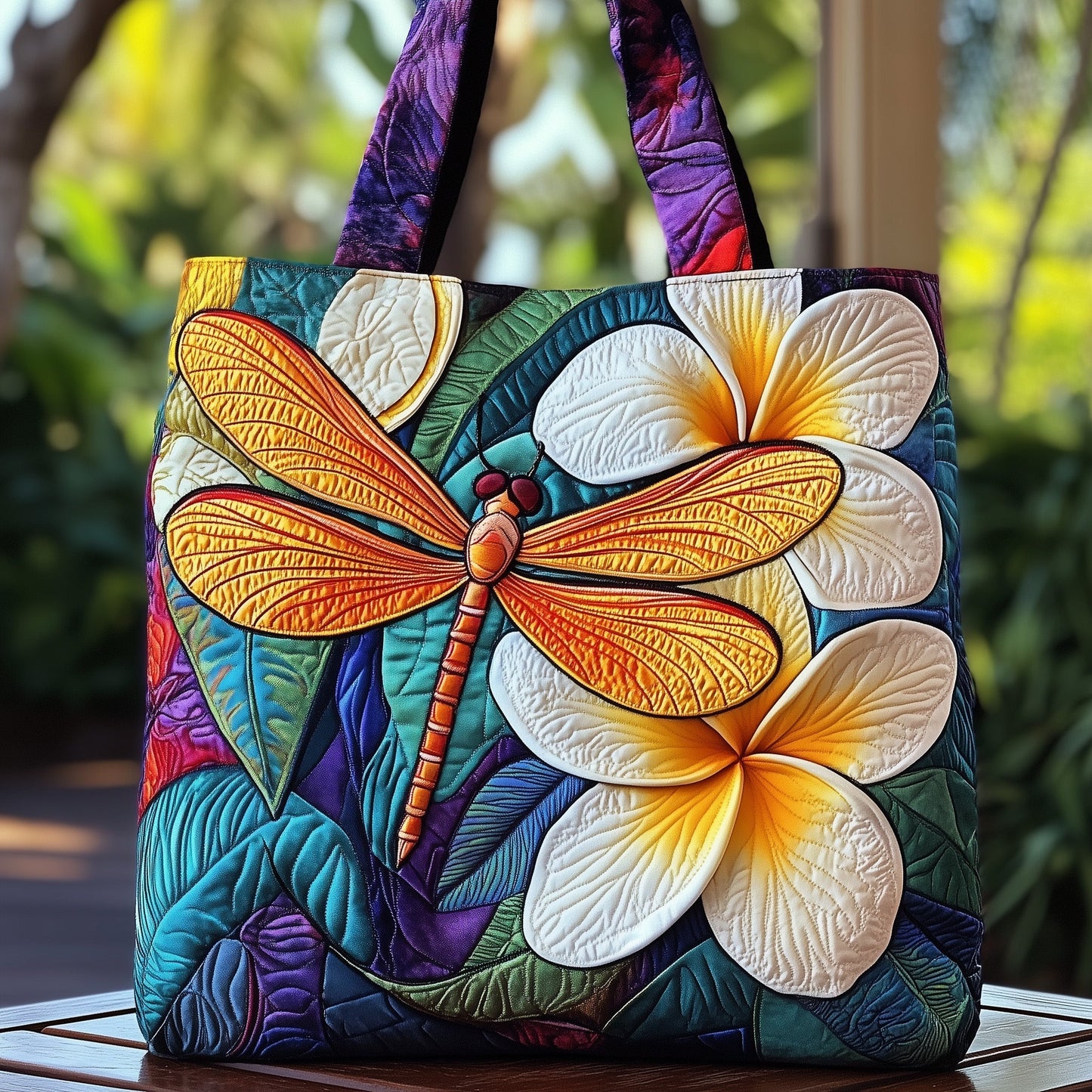 The Dragonfly And Plumeria Quilted Tote