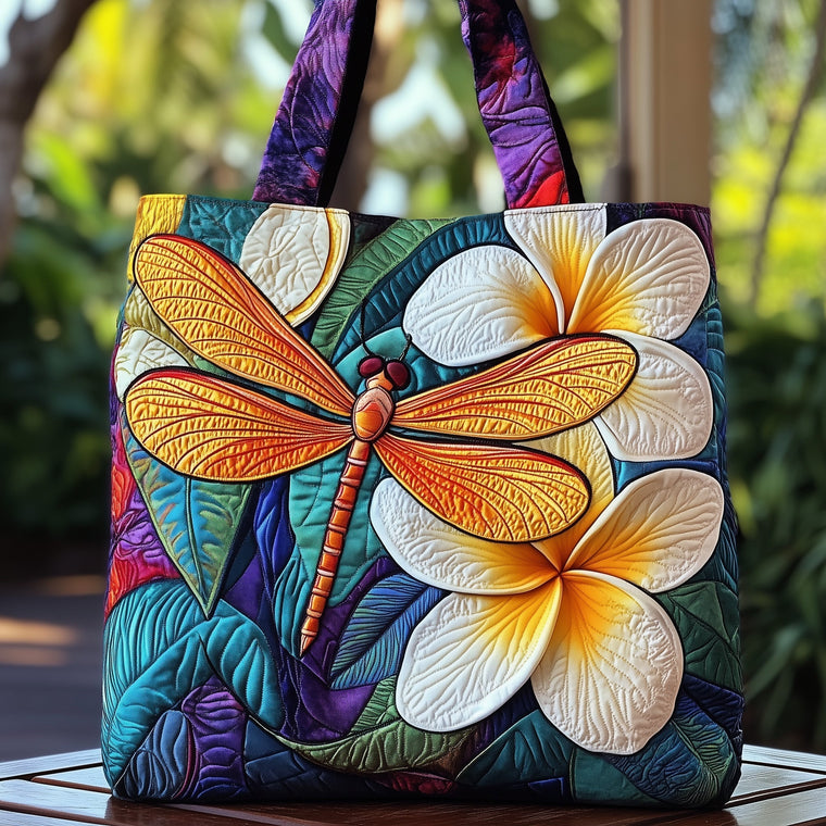 The Dragonfly And Plumeria Quilted Tote