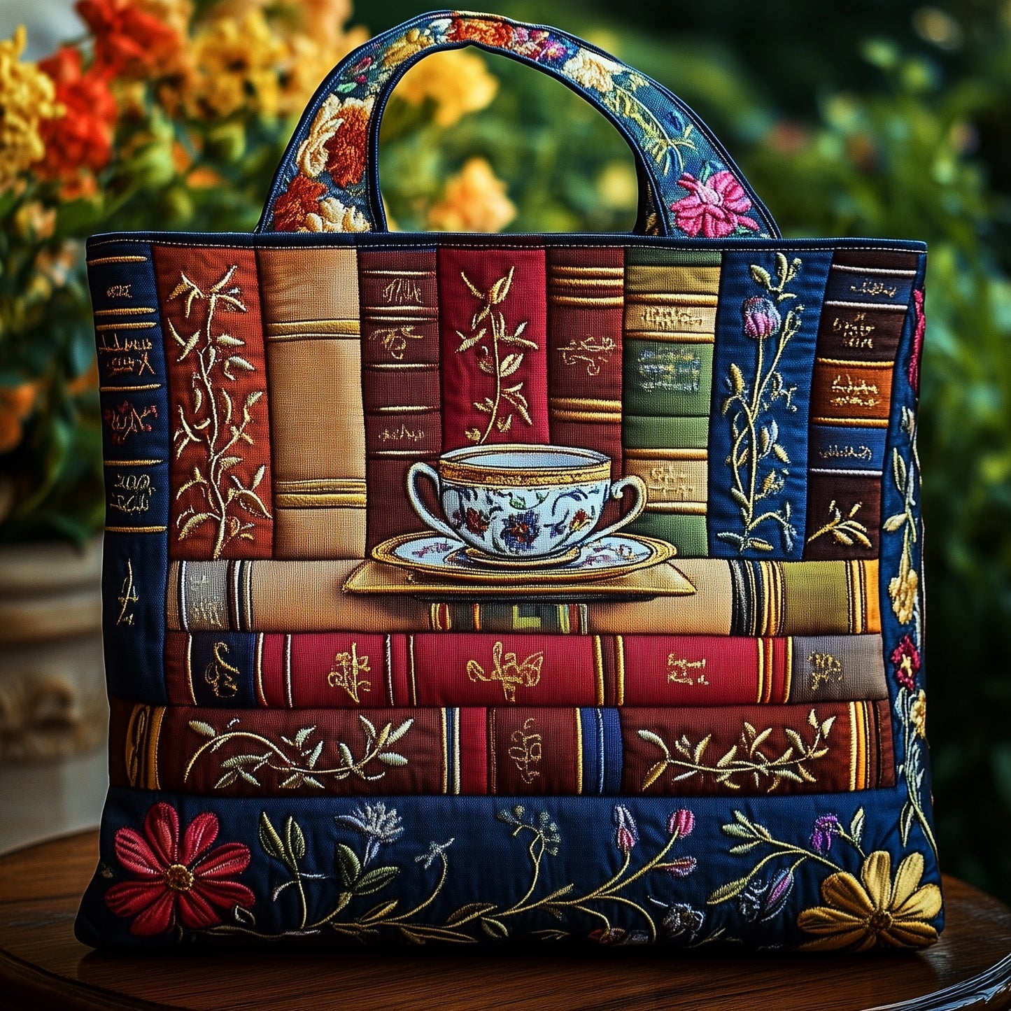 Books Tea Cup Quilted Tote
