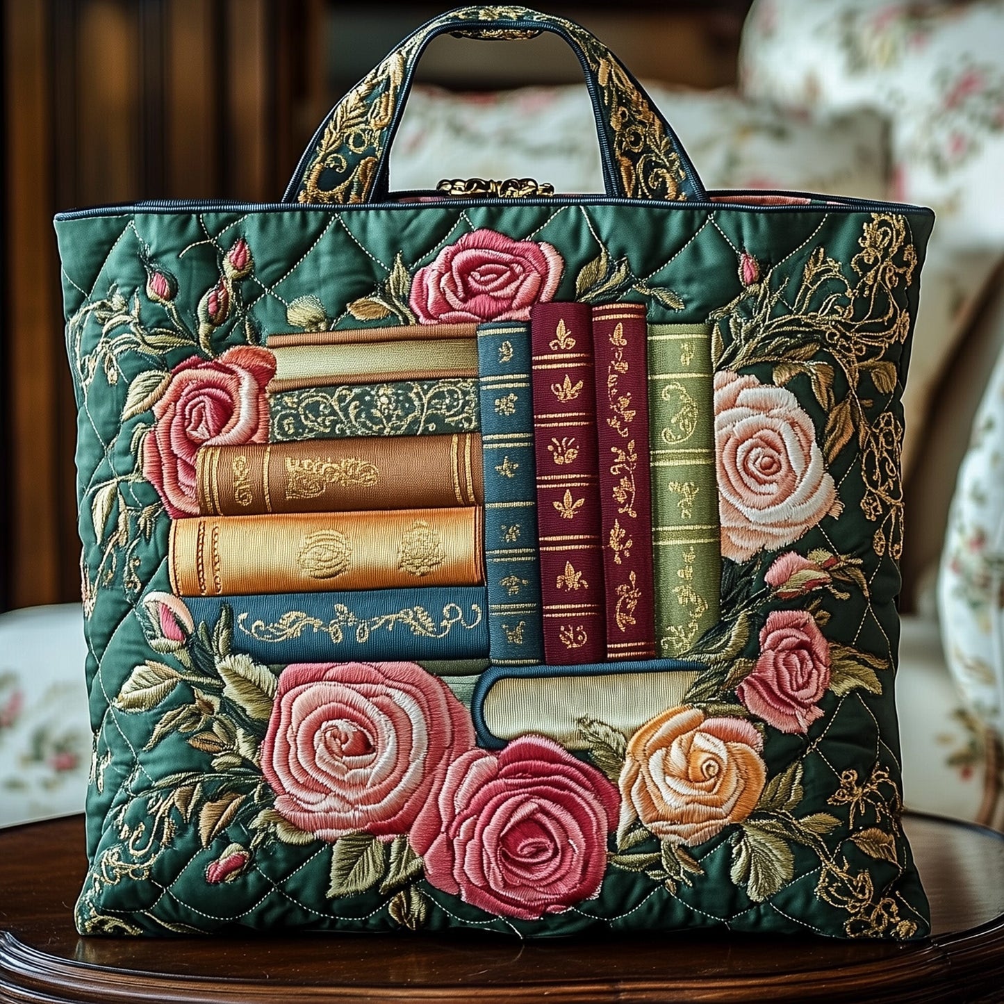Stack Of Books Roses Quilted Tote