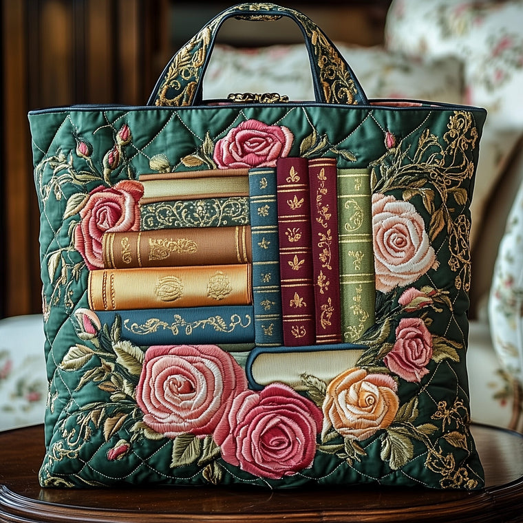 Stack Of Books Roses Quilted Tote