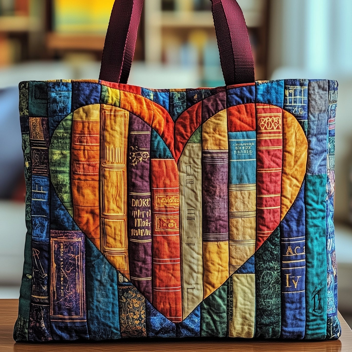 Colorful Books Heart Quilted Tote