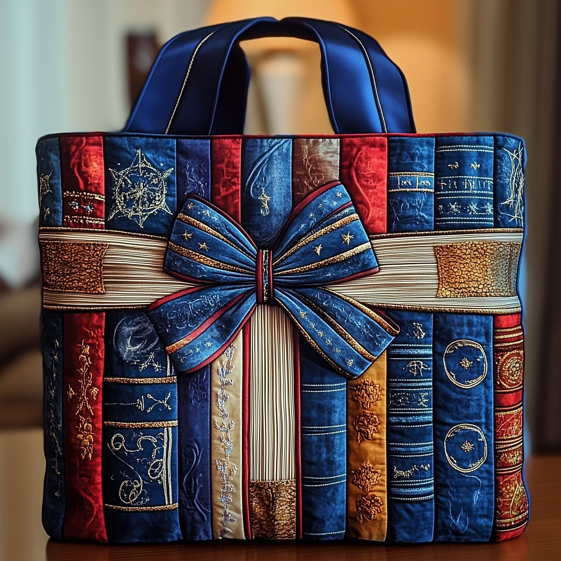 Stacked Books Bow Quilted Tote