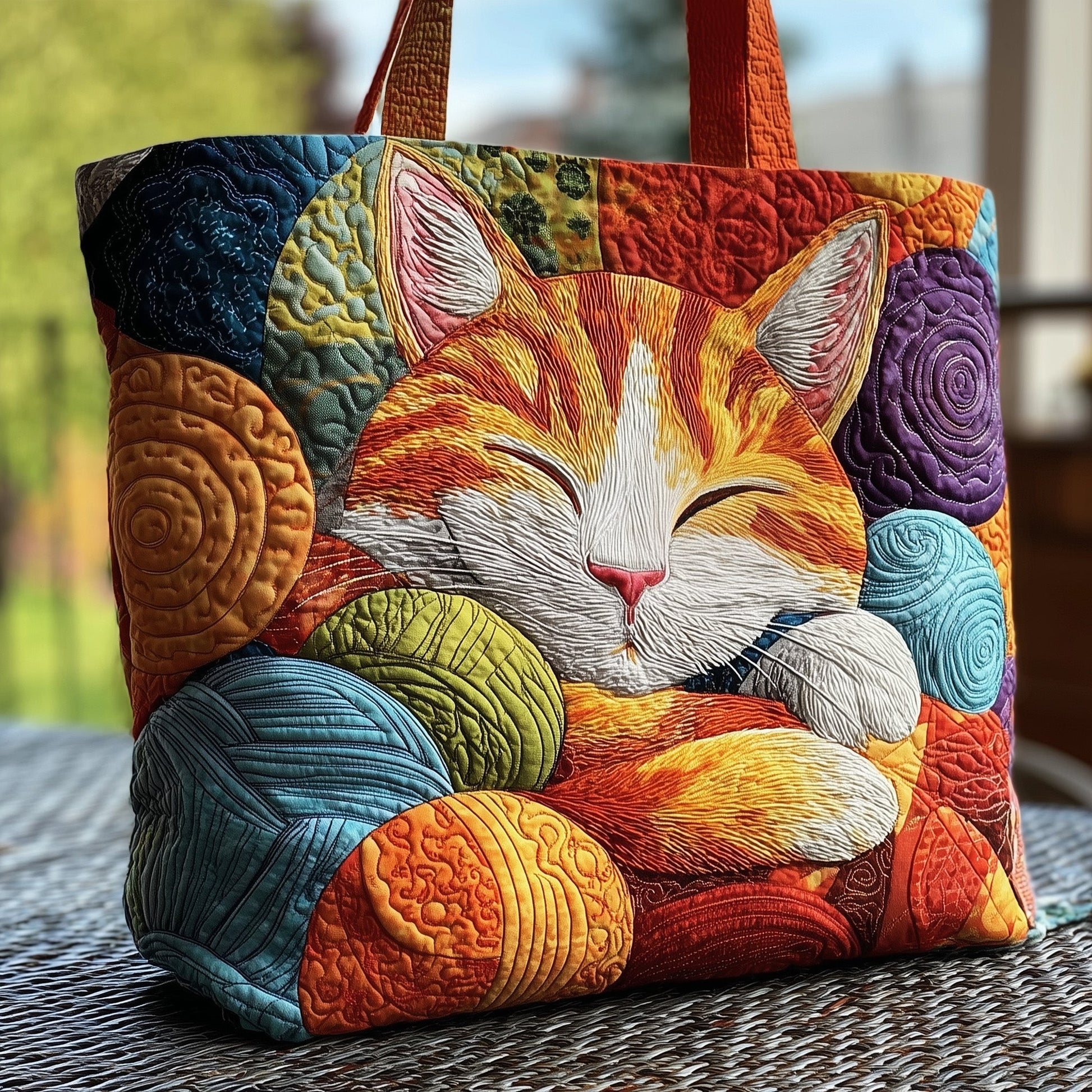 Sleeping Cat Yarn Balls Quilted Tote