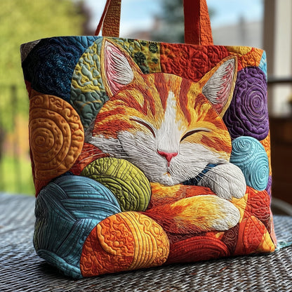 Sleeping Cat Yarn Balls Quilted Tote