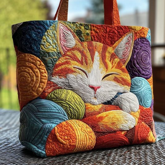 Sleeping Cat Yarn Balls Quilted Tote