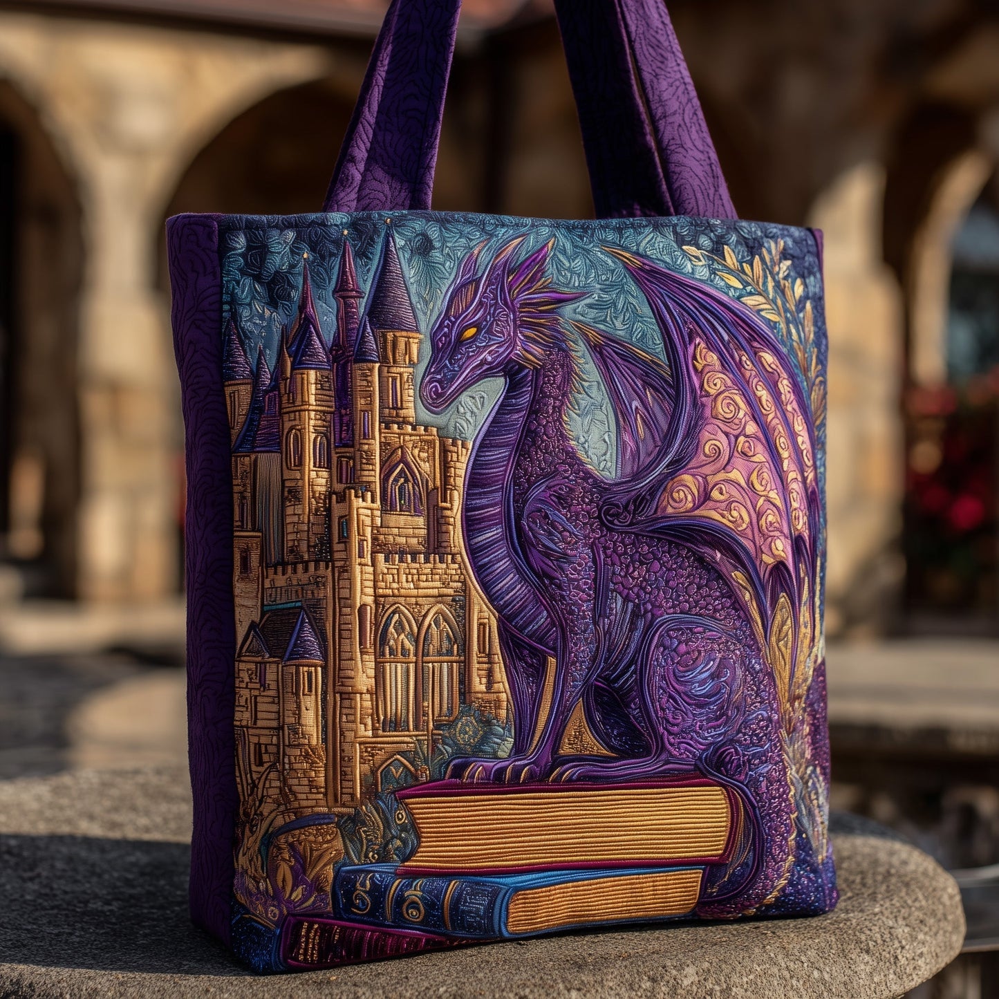 Purple Dragon Castle Quilted Tote