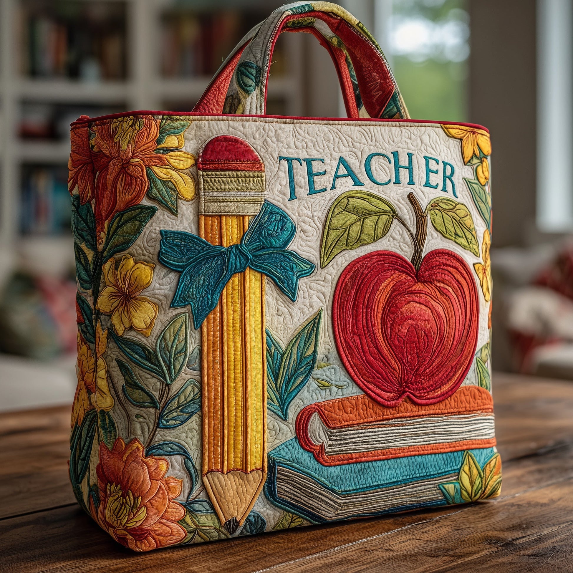 Apple Pencil Books Floral Quilted Tote