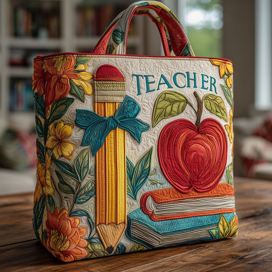 Apple Pencil Books Floral Quilted Tote