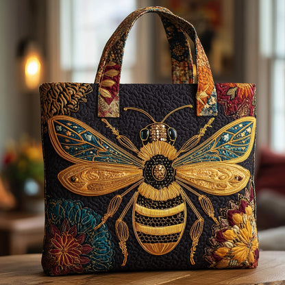 Embroidered Bee Flowers Quilted Tote