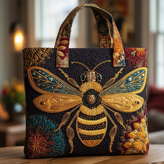 Embroidered Bee Flowers Quilted Tote