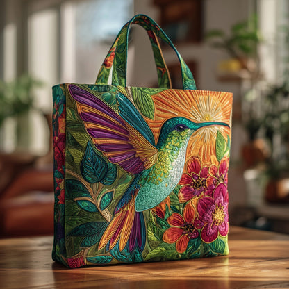 Colorful Hummingbird Flowers Quilted Tote